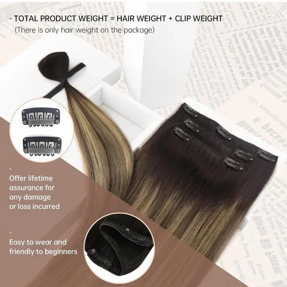 Sunny Hair Clip in Real Human Hair Black Ombre Dark Brown Caramel Blonde - Picture 2 of 11